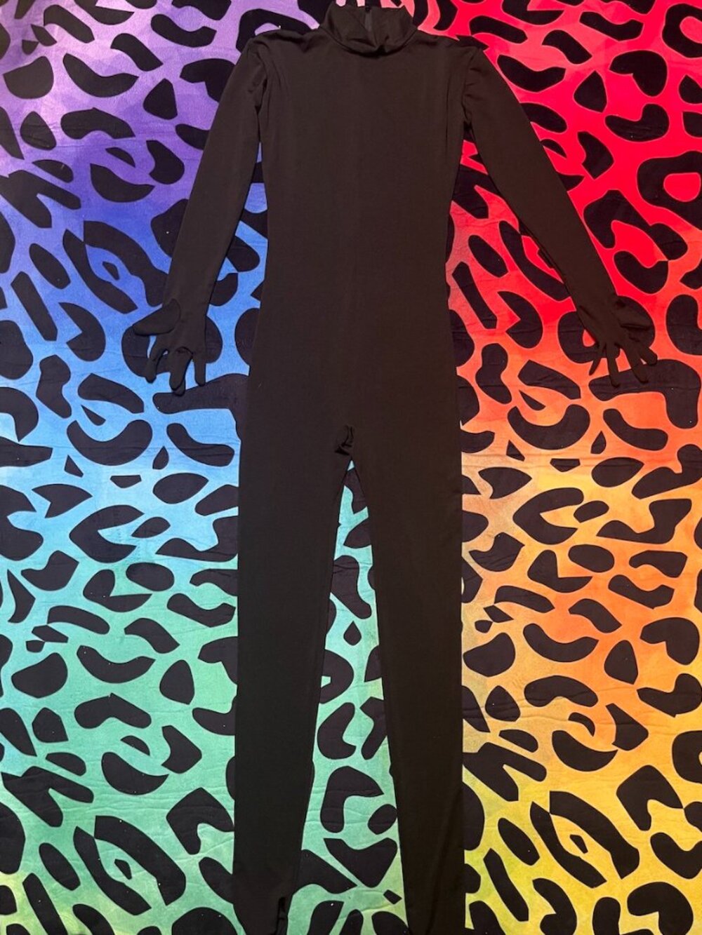 FULL BLACK BODYSUIT CATSUIT WITH FOOTIE 90% POLYESTER 10% SPANDEX